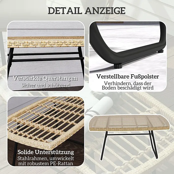 Outsunny Garten-Beistelltisch - L x B x H: 90 x 50 x 45 cm, Stahl, PE-Rattan, gehärtetes Glas, Rechteckig, Naturholz - Detailansicht einer beigen Rattan-Bank mit schwarzen Metallbeinen. Zeigt verstärkte Streben, verstellbare Fußpolster und PE-Rattan-Geflecht.