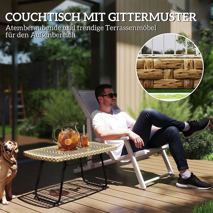 Outsunny Garten-Beistelltisch - L x B x H: 90 x 50 x 45 cm, Stahl, PE-Rattan, gehärtetes Glas, Rechteckig, Naturholz - Couchtisch für den Außenbereich mit geflochtener Rattan-Oberfläche und dunklem Metallrahmen, daneben eine Person entspannt.