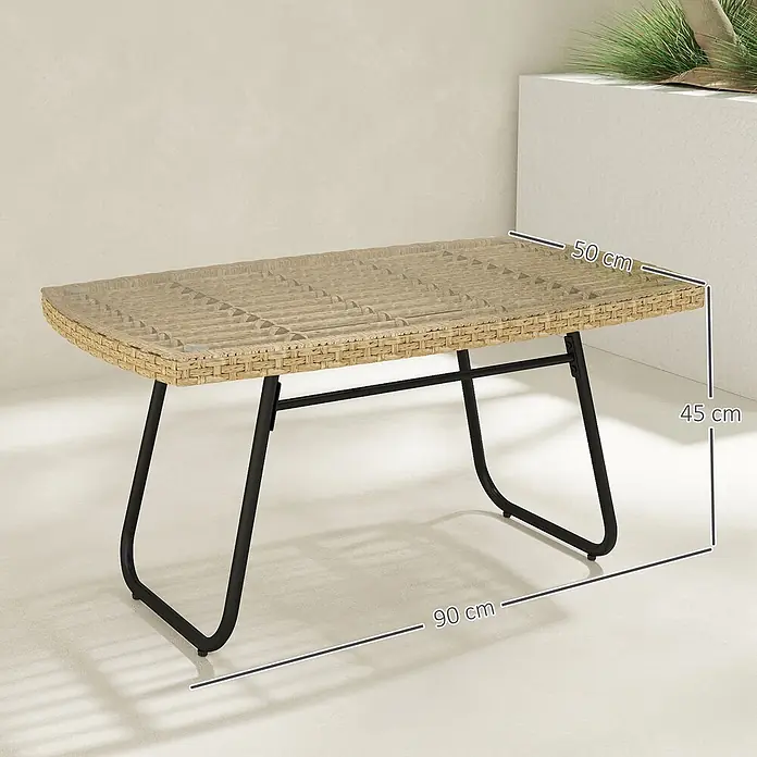 Outsunny Garten-Beistelltisch - L x B x H: 90 x 50 x 45 cm, Stahl, PE-Rattan, gehärtetes Glas, Rechteckig, Naturholz - Rechteckiger Rattantisch mit schwarzem Metallgestell. Maße: 90x50x45 cm.