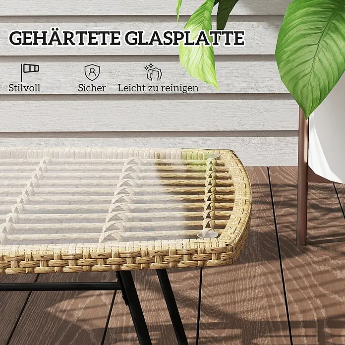 Outsunny Garten-Beistelltisch - L x B x H: 90 x 50 x 45 cm, Stahl, PE-Rattan, gehärtetes Glas, Rechteckig, Naturholz - Gartentisch in Rattanoptik mit gehärteter Glasplatte auf Holzterrasse.