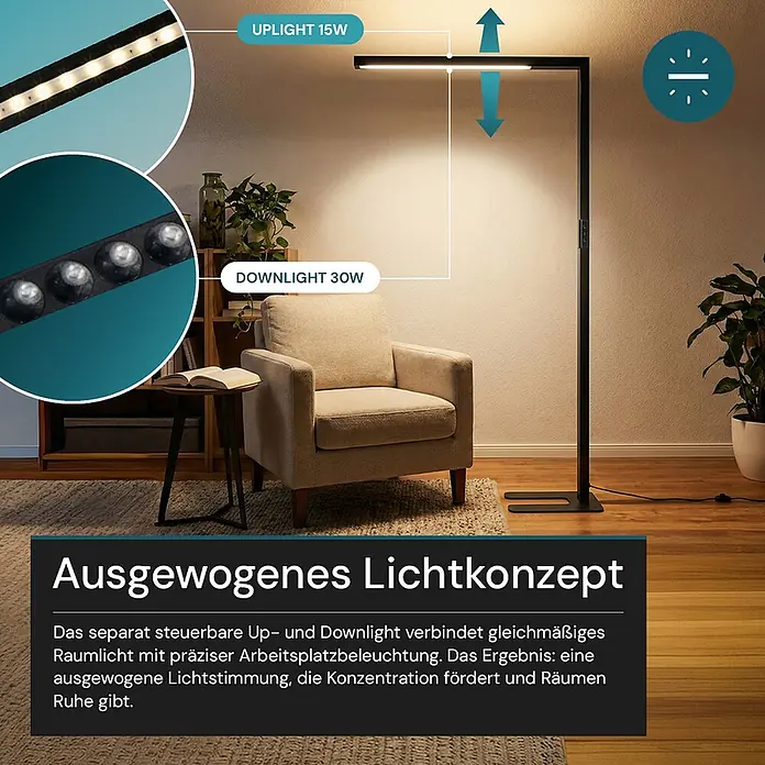 Luxula LED-Stehleuchte - 45 W, Höhe: 194 cm, Schwarz, Neutralweiß - Schwarze Stehlampe mit einstellbarem Up- und Downlight beleuchtet eine Leseecke. Bietet ausgewogenes Raum- und Arbeitslicht.
