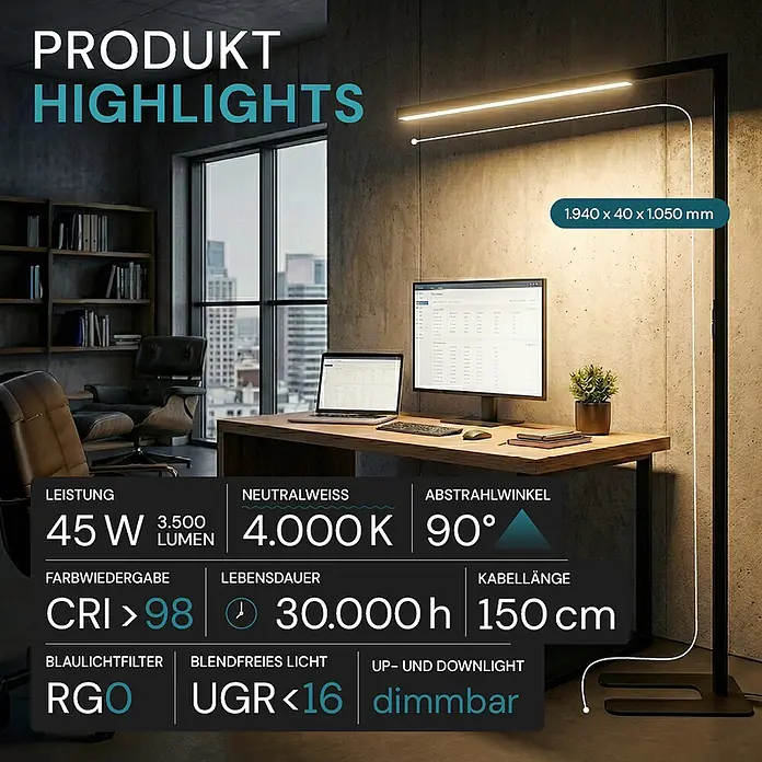 Luxula LED-Stehleuchte - 45 W, Höhe: 194 cm, Schwarz, Neutralweiß - Große schwarze LED-Stehleuchte mit linearem Kopf, die einen modernen Büroschreibtisch von oben und unten beleuchtet.