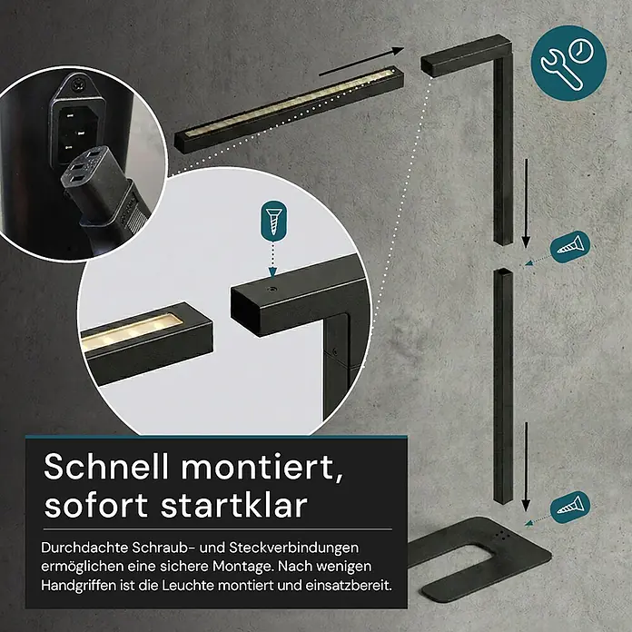 Luxula LED-Stehleuchte - 45 W, Höhe: 194 cm, Schwarz, Neutralweiß - Schwarze Lampe, die ihre einfache Montage mit Schraub- und Steckverbindungen demonstriert.