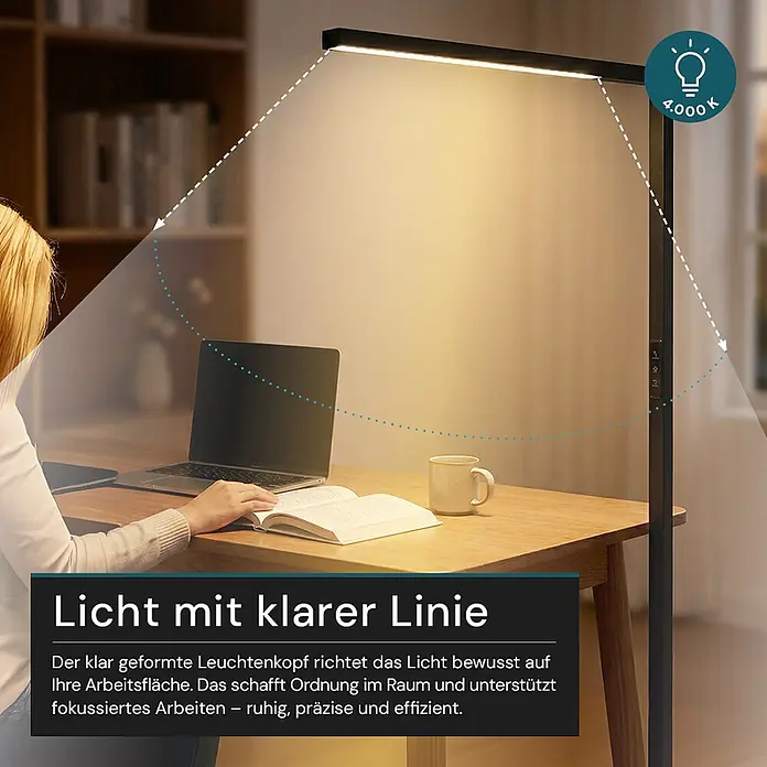 Luxula LED-Stehleuchte - 45 W, Höhe: 194 cm, Schwarz, Neutralweiß - Schwarze, lineare LED-Stehleuchte beleuchtet den Schreibtisch einer Person mit Laptop, ideal für konzentriertes Arbeiten bei 4.000K.