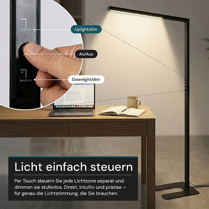 Luxula LED-Stehleuchte - 45 W, Höhe: 194 cm, Schwarz, Neutralweiß - Schwarze Stehleuchte beleuchtet einen Schreibtisch, Nahaufnahme der Touch-Bedienelemente für Uplight, Downlight und Dimmung.