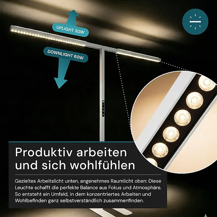 Luxula LED-Stehleuchte - 90 W, Höhe: 204 cm, Weiß, Neutralweiß - Moderne Stehleuchte mit 30W Uplight und 60W Downlight LEDs für fokussiertes Arbeiten und angenehme Atmosphäre.