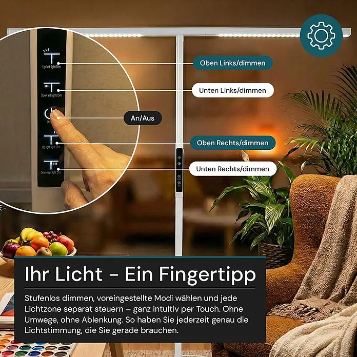 Luxula LED-Stehleuchte - 90 W, Höhe: 204 cm, Weiß, Neutralweiß - Weiße Stehlampe mit Touch-Bedienfeld, das Dimmen und Ein-/Ausschalten für verschiedene Lichtzonen zeigt, bedient von einer Hand.