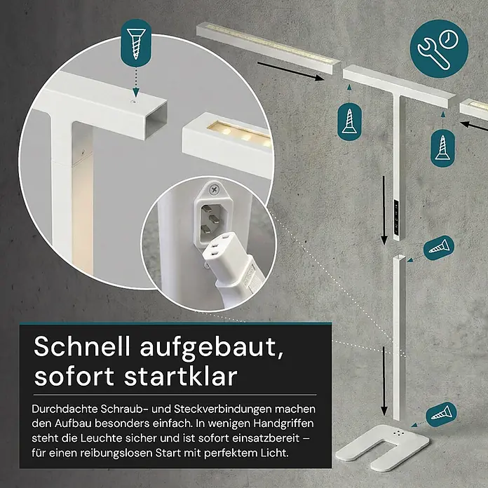 Luxula LED-Stehleuchte - 90 W, Höhe: 204 cm, Weiß, Neutralweiß - Weiße modulare Lampenteile werden mit Schraub- und Steckverbindungen zusammengebaut.
