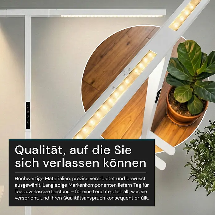 Luxula LED-Stehleuchte - 90 W, Höhe: 204 cm, Weiß, Neutralweiß - Weiße LED-Stehleuchte mit sichtbaren LED-Streifen und Bedienelementen, platziert in einem Raum mit einer Pflanze.