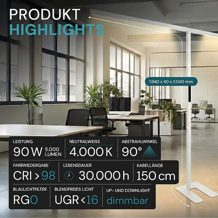 Luxula LED-Stehleuchte - 90 W, Höhe: 204 cm, Weiß, Neutralweiß - Hohe, weiße LED-Stehleuchte mit minimalistischem, linearem Design, beleuchtet eine moderne Büroumgebung.