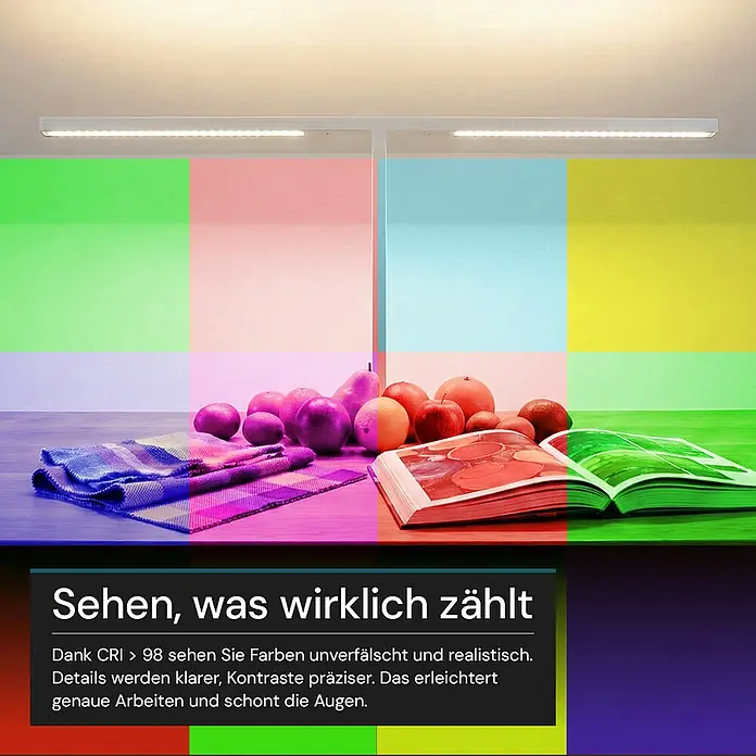 Luxula LED-Stehleuchte - 90 W, Höhe: 204 cm, Weiß, Neutralweiß - Weiße LED-Deckenleiste beleuchtet farbige Objekte (Früchte, Bücher, Textilien) und zeigt hohe Farbwiedergabe (CRI>98).