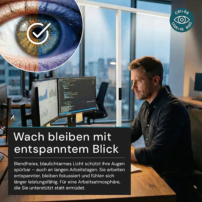 Luxula LED-Stehleuchte - 90 W, Höhe: 204 cm, Weiß, Neutralweiß - Weiße Stehleuchte für den Schreibtisch, die blendfreies, blaulichtarmes Licht für konzentriertes Arbeiten bietet.