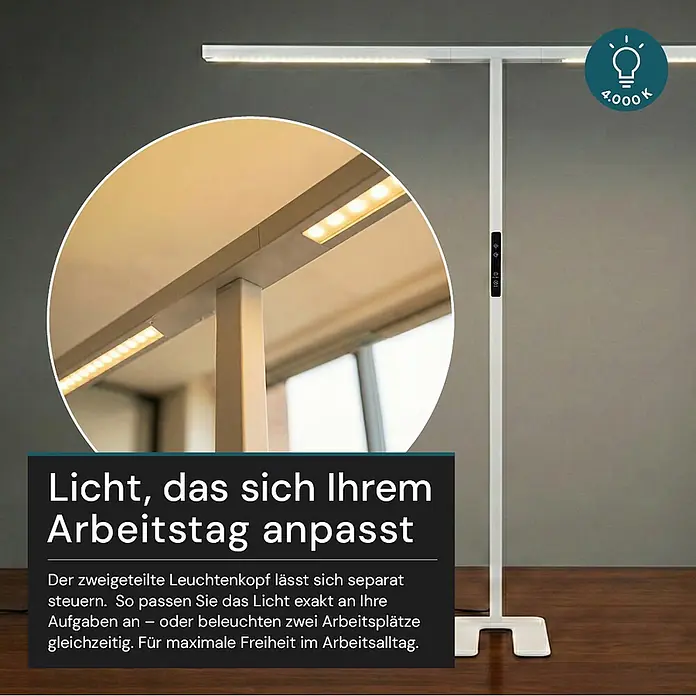 Luxula LED-Stehleuchte - 90 W, Höhe: 204 cm, Weiß, Neutralweiß - Weiße LED-Stehleuchte mit zweigeteiltem, separat einstellbarem Kopf für flexible Arbeitsplatzbeleuchtung.