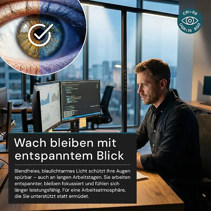 Luxula LED-Stehleuchte - 90 W, Höhe: 204 cm, Schwarz, Neutralweiß - Ein Mann arbeitet am Schreibtisch, beleuchtet von einer schwarzen Monitorlampe, die augenschonendes Licht spendet.