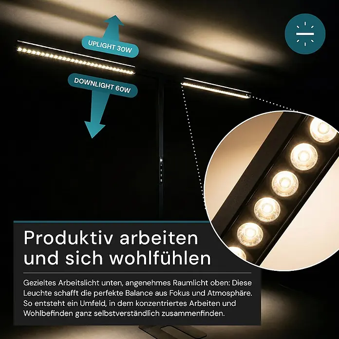 Luxula LED-Stehleuchte - 90 W, Höhe: 204 cm, Schwarz, Neutralweiß - Schwarze LED-Stehleuchte mit 30W Uplight und 60W Downlight, zeigt ihre doppelte Beleuchtungsfunktion für Arbeit und Atmosphäre.