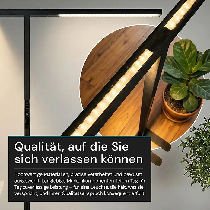 Luxula LED-Stehleuchte - 90 W, Höhe: 204 cm, Schwarz, Neutralweiß - Schwarze LED-Stehleuchte mit modernem Design in einem Wohnambiente, die warmes Licht abgibt.