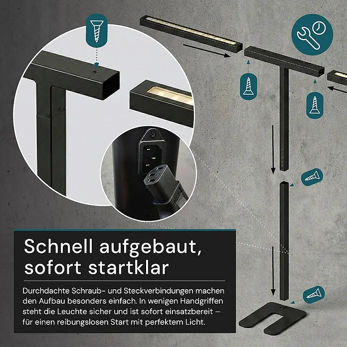 Luxula LED-Stehleuchte - 90 W, Höhe: 204 cm, Schwarz, Neutralweiß - Montageanleitung für eine schwarze Stehleuchte mit Schraub- und Steckverbindungen zur einfachen Einrichtung.