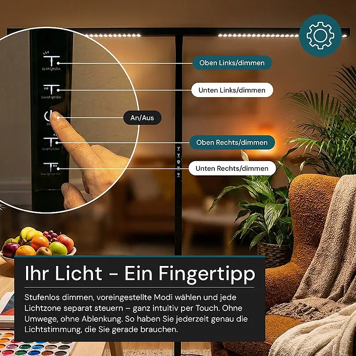 Luxula LED-Stehleuchte - 90 W, Höhe: 204 cm, Schwarz, Neutralweiß - Stehlampe mit integriertem Touch-Bedienfeld. Eine Hand passt Helligkeit und Lichtzonen intuitiv am Bildschirm an.
