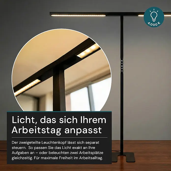 Luxula LED-Stehleuchte - 90 W, Höhe: 204 cm, Schwarz, Neutralweiß - Schwarze LED-Stehleuchte mit verstellbaren Lichtköpfen und 4000K Farbtemperatur, ideal für Arbeitsplätze.