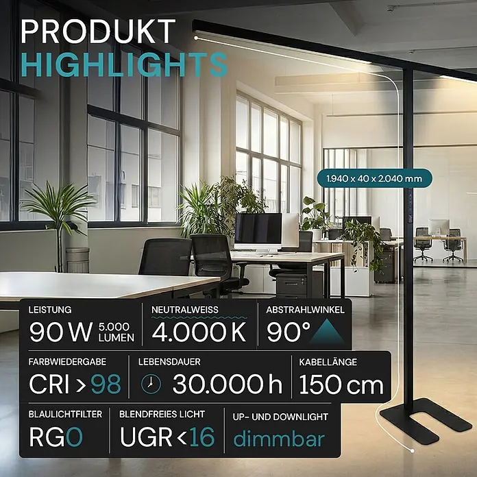 Luxula LED-Stehleuchte - 90 W, Höhe: 204 cm, Schwarz, Neutralweiß - Schwarze LED-Stehleuchte, 2.040 mm hoch, spendet in einem Büro blendfreies, neutralweißes Licht nach oben und unten.