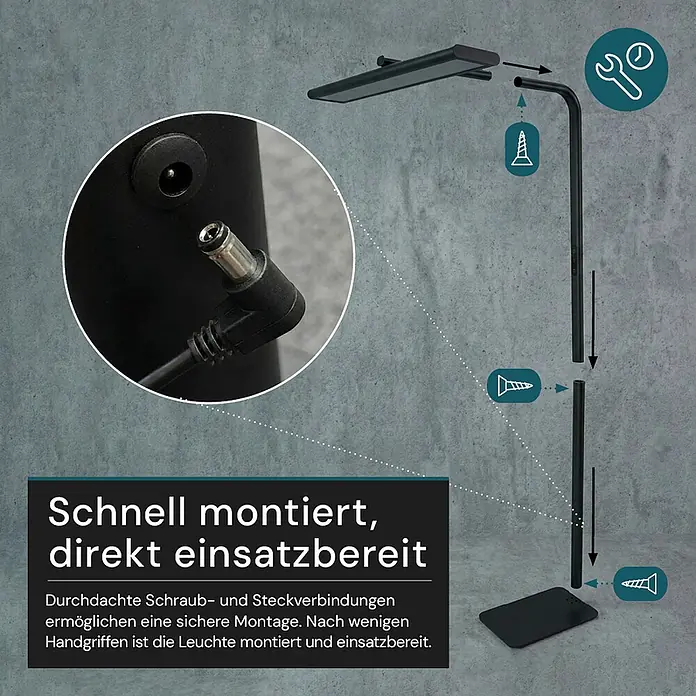 Luxula LED-Stehleuchte - 60 W, Höhe: 185 cm, Schwarz, Neutralweiß - Schwarze Metall-Stehleuchte, die einfache Montageschritte und Anschlussdetails zeigt. Schnell aufgebaut und einsatzbereit.