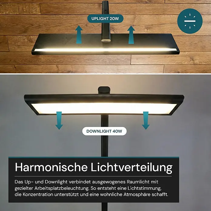 Luxula LED-Stehleuchte - 60 W, Höhe: 185 cm, Schwarz, Neutralweiß - Schwarzer LED-Lampenkopf mit Uplight (20W) und Downlight (40W) für ausgewogene und gezielte Beleuchtung.