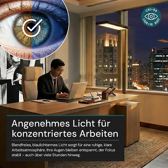 Luxula LED-Stehleuchte - 60 W, Höhe: 185 cm, Schwarz, Neutralweiß - Ein Mann arbeitet am Schreibtisch unter einer modernen, blendfreien Lampe, ideal für konzentriertes Arbeiten bei wenig Blaulicht.
