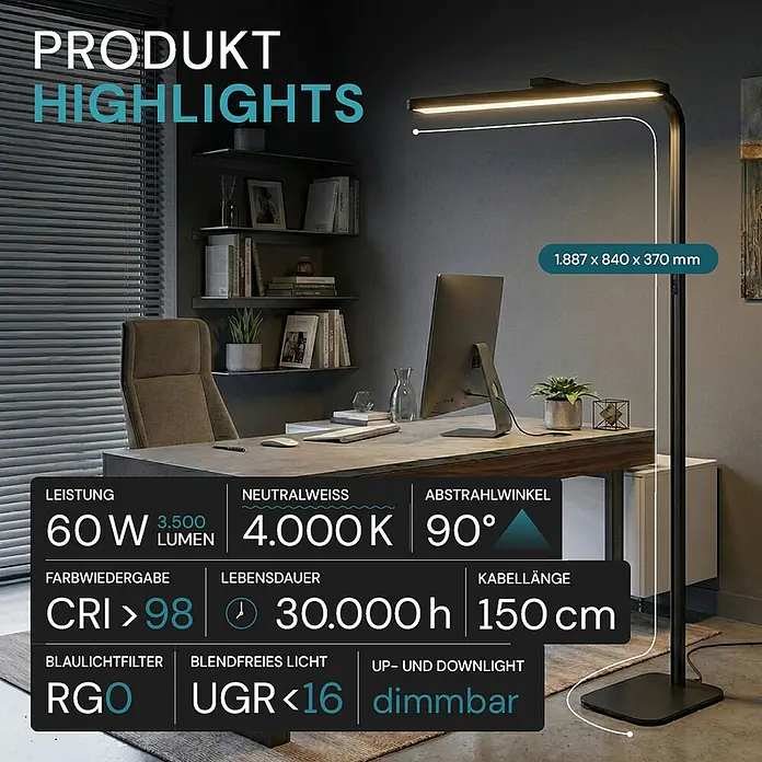 Luxula LED-Stehleuchte - 60 W, Höhe: 185 cm, Schwarz, Neutralweiß - Eine schlanke, schwarze LED-Stehlampe mit horizontalem Lichtbalken steht in einem modernen Büro und beleuchtet einen Schreibtisch mit Up- und Downlight.