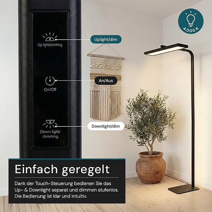 Luxula LED-Stehleuchte - 60 W, Höhe: 185 cm, Schwarz, Neutralweiß - Schwarze, minimalistische LED-Stehleuchte mit Up- & Downlight, 4000K neutralweiß und Touch-Dimmung, beleuchtet einen modernen Raum.