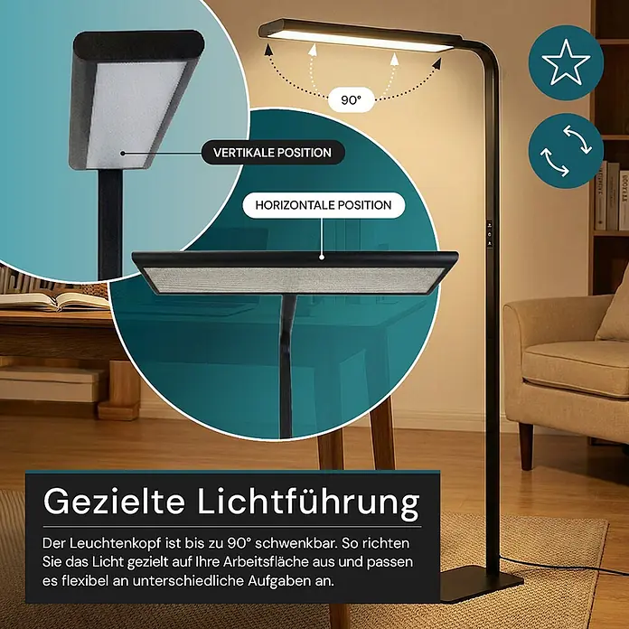 Luxula LED-Stehleuchte - 60 W, Höhe: 185 cm, Schwarz, Neutralweiß - Eine schwarze Stehleuchte mit rechteckigem LED-Kopf, dessen Kopf um bis zu 90 Grad für gezieltes Licht schwenkbar ist, in einem Raum.