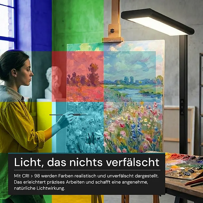 Luxula LED-Stehleuchte - 60 W, Höhe: 185 cm, Schwarz, Neutralweiß - Schwarze LED-Stehleuchte beleuchtet Künstlerstaffelei mit Gemälde, demonstriert hohe Farbwiedergabe für präzise Farben.