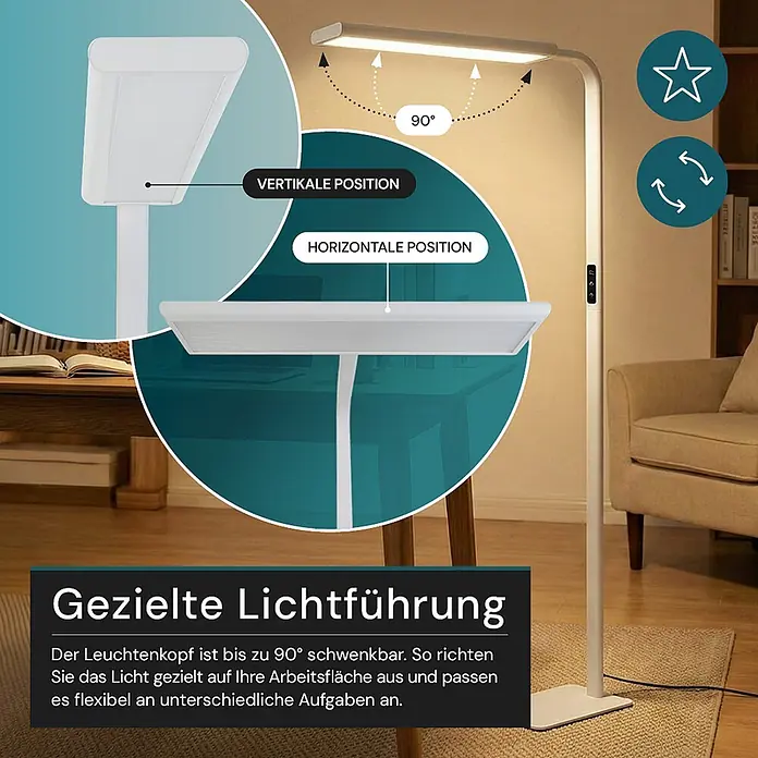 Luxula LED-Stehleuchte - 60 W, Höhe: 185 cm, Weiß, Neutralweiß - Weiße Stehleuchte in einem Raum, deren Kopf um 90 Grad zwischen vertikaler und horizontaler Position schwenkbar ist für gezielte Beleuchtung.