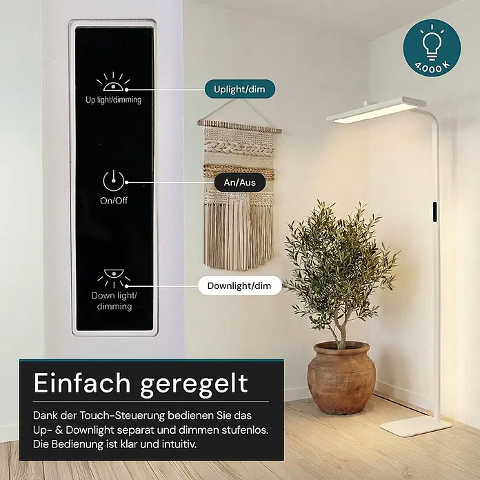 Luxula LED-Stehleuchte - 60 W, Höhe: 185 cm, Weiß, Neutralweiß - Weiße LED-Stehleuchte mit Touch-Bedienung für unabhängiges, stufenloses Up- und Downlight-Dimmen. Liefert 4000K Licht.
