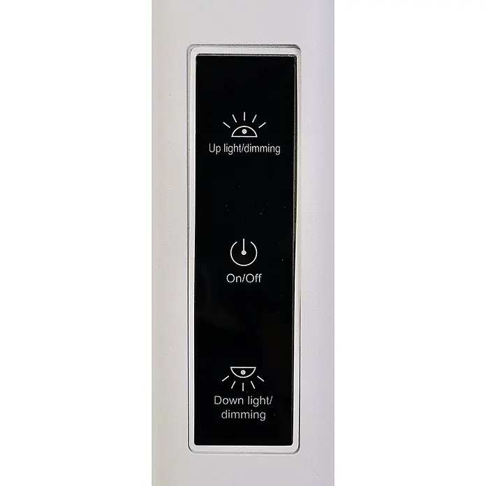 Luxula LED-Stehleuchte - 60 W, Höhe: 185 cm, Weiß, Neutralweiß - Schwarzes Bedienfeld mit weißen Symbolen für Oberlicht/Dimmen, Ein/Aus und Unterlicht/Dimmen, in einem hellgrauen Rahmen.