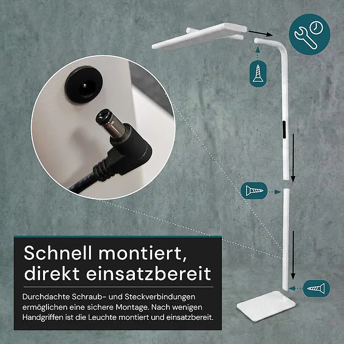 Luxula LED-Stehleuchte - 60 W, Höhe: 185 cm, Weiß, Neutralweiß - Weiße Modullampe zeigt einfache Schraubmontage mit Nahaufnahme des Stromanschlusses.