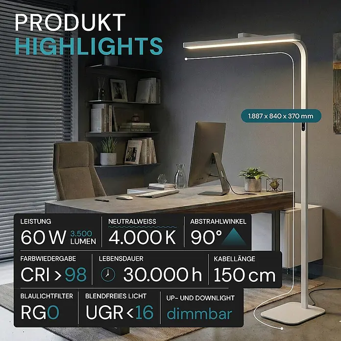 Luxula LED-Stehleuchte - 60 W, Höhe: 185 cm, Weiß, Neutralweiß - Schlanke, weiße LED-Stehleuchte mit rechteckigem Kopf, die einen modernen Bürotisch beleuchtet. Produktmerkmale sind überlagert.