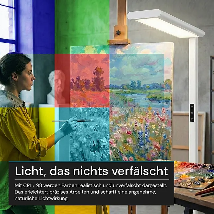 Luxula LED-Stehleuchte - 60 W, Höhe: 185 cm, Weiß, Neutralweiß - Weiße Künstlerlampe beleuchtet eine Leinwand und gewährleistet präzise Farbdarstellung beim Malen.