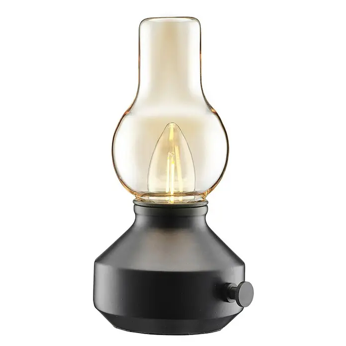 PR Home Akku-Tischleuchte schwarz Outdoor - Warmweiß, 1 W - Lampe mit schwarzem Metallsockel, bernsteinfarbenem Glasschirm und sichtbarer LED-Glühbirne, mit Dimmerknopf.