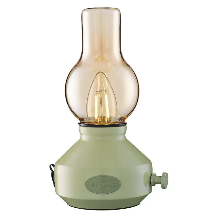 PR Home Akku-Tischleuchte - Warmweiß, 1 W - Hellgrüne Tischlampe mit amberfarbenem Glasschirm, sichtbarer LED-Glühbirne und Dimmer.