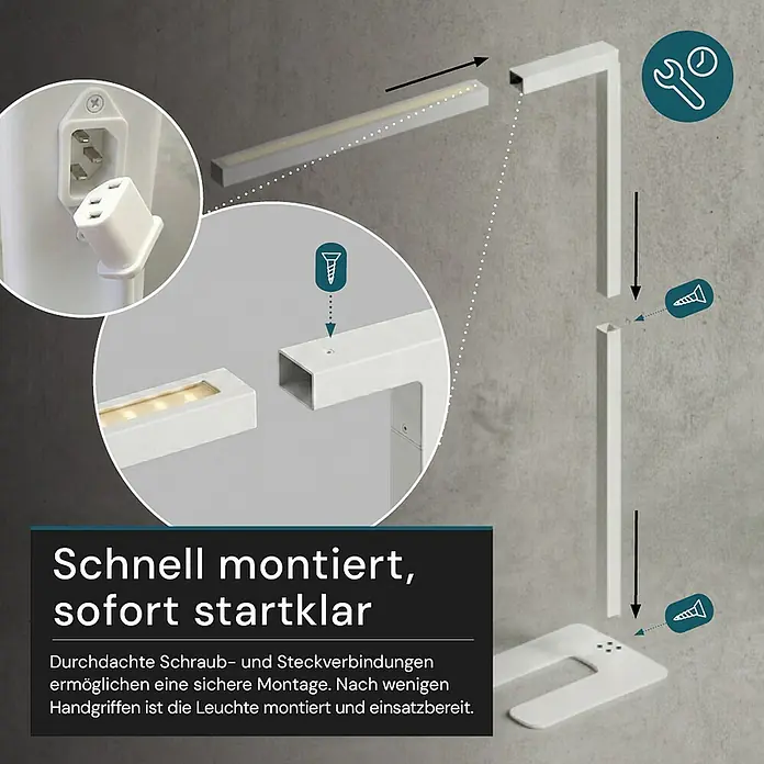 Luxula LED-Stehleuchte - 45 W, Höhe: 194 cm, Weiß, Neutralweiß - Weiße, modulare Lampenkomponenten, einschließlich LED-Lichtleiste und Fuß, werden mit Schraub- und Steckverbindungen montiert.