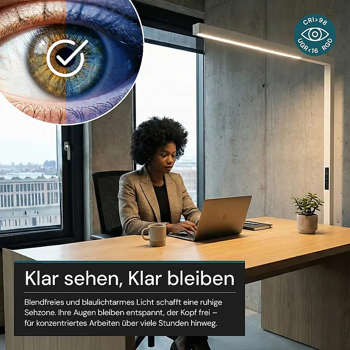 Luxula LED-Stehleuchte - 45 W, Höhe: 194 cm, Weiß, Neutralweiß - Weiße, schlanke Stehleuchte beleuchtet Schreibtisch, wo eine Frau am Laptop arbeitet; für augenschonendes, konzentriertes Arbeiten.