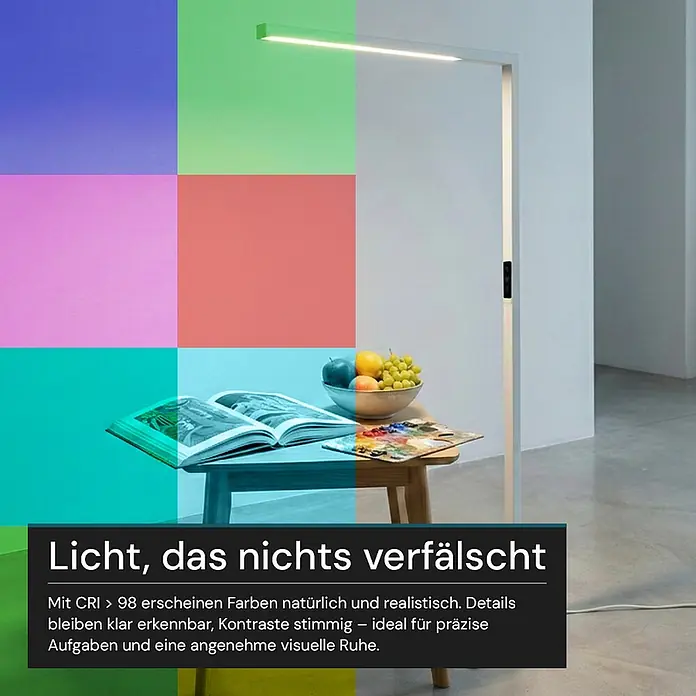 Luxula LED-Stehleuchte - 45 W, Höhe: 194 cm, Weiß, Neutralweiß - Schlanke weiße LED-Stehleuchte demonstriert präzise Farbwiedergabe mit lebendigen Tönen und klaren Details.