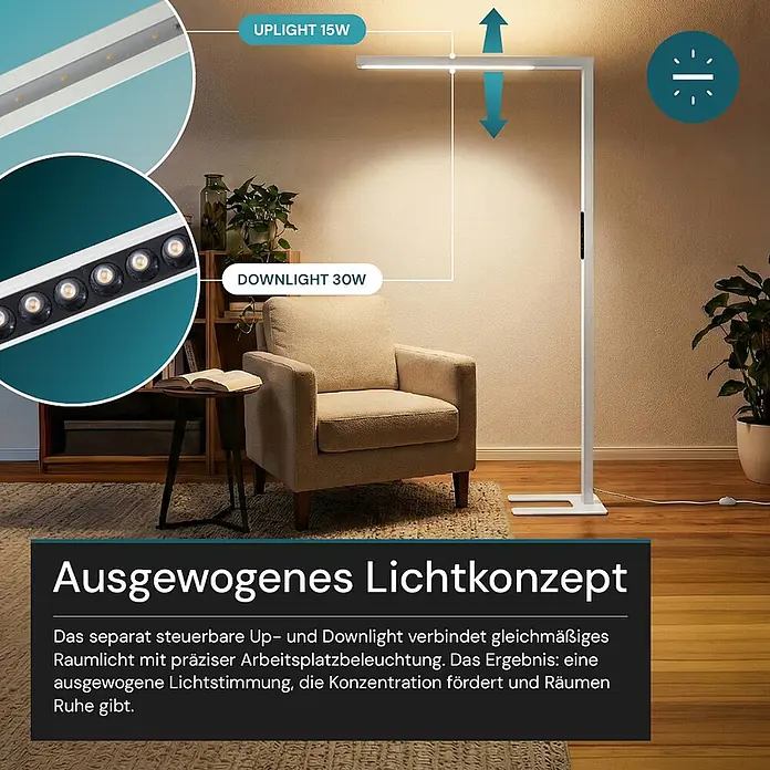 Luxula LED-Stehleuchte - 45 W, Höhe: 194 cm, Weiß, Neutralweiß - Weiße Stehleuchte mit separatem Up- und Downlight (15W/30W) für ausgewogene Raum- und Arbeitsplatzbeleuchtung.