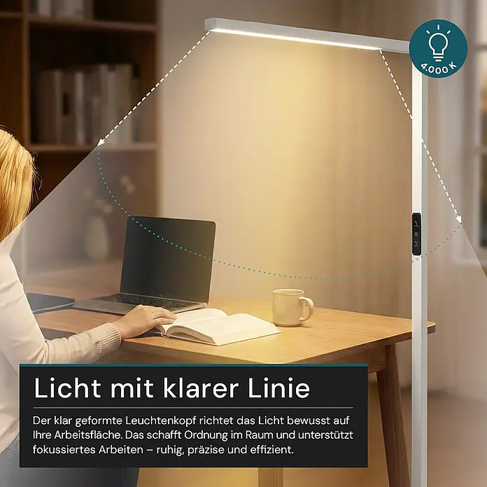 Luxula LED-Stehleuchte - 45 W, Höhe: 194 cm, Weiß, Neutralweiß - Weiße LED-Stehleuchte, die einen Arbeitsbereich mit einer Person, Laptop und Buch ausleuchtet.