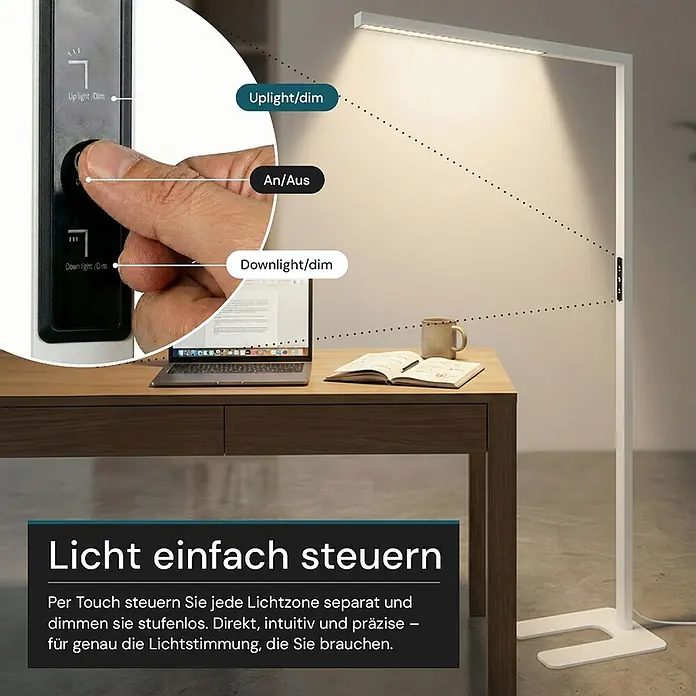 Luxula LED-Stehleuchte - 45 W, Höhe: 194 cm, Weiß, Neutralweiß - Weiße LED-Stehleuchte mit dimmbarem Up- und Downlight, per Touch-Panel an der Säule steuerbar, beleuchtet einen Schreibtisch.