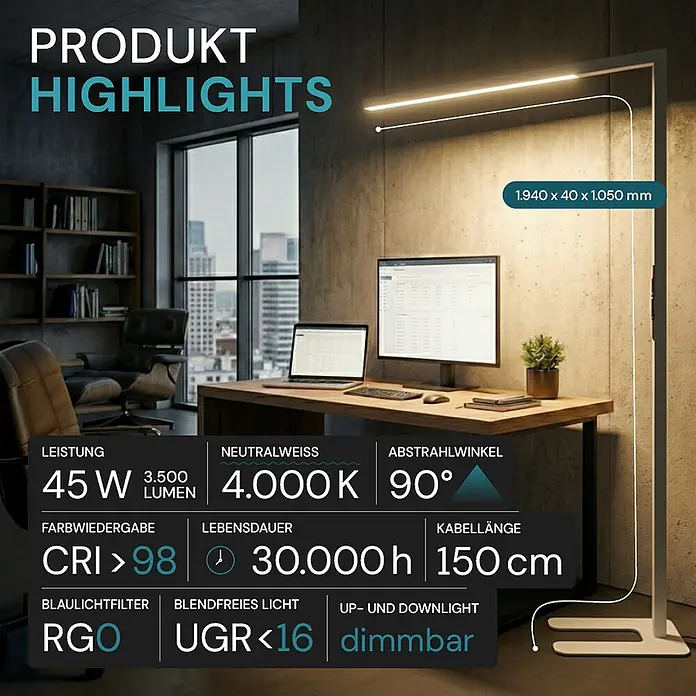 Luxula LED-Stehleuchte - 45 W, Höhe: 194 cm, Weiß, Neutralweiß - Moderne, schlanke LED-Stehleuchte in einem Büro, beleuchtet einen Schreibtisch mit Up- und Downlight.