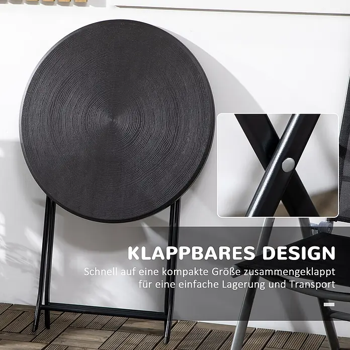 Outsunny Balkontisch rund mit Holzoptik - Stahl, HDPE-Kunststoff, Klappbar, Dunkelgrau - Schwarzer runder Klapptisch mit texturierter Oberfläche, der seinen Klappmechanismus für kompakte Lagerung hervorhebt.