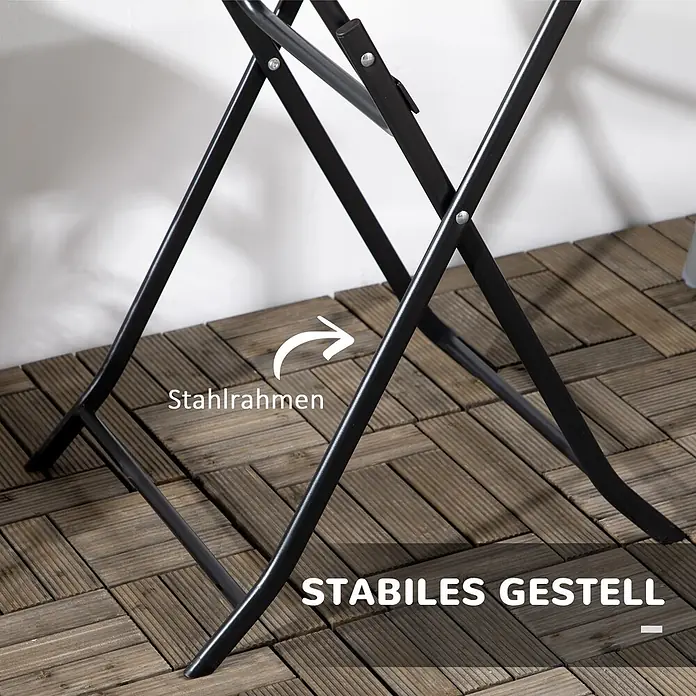 Outsunny Balkontisch rund mit Holzoptik - Stahl, HDPE-Kunststoff, Klappbar, Dunkelgrau - Schwarzer Stahlklapprahmen, der seine stabile Konstruktion hervorhebt.