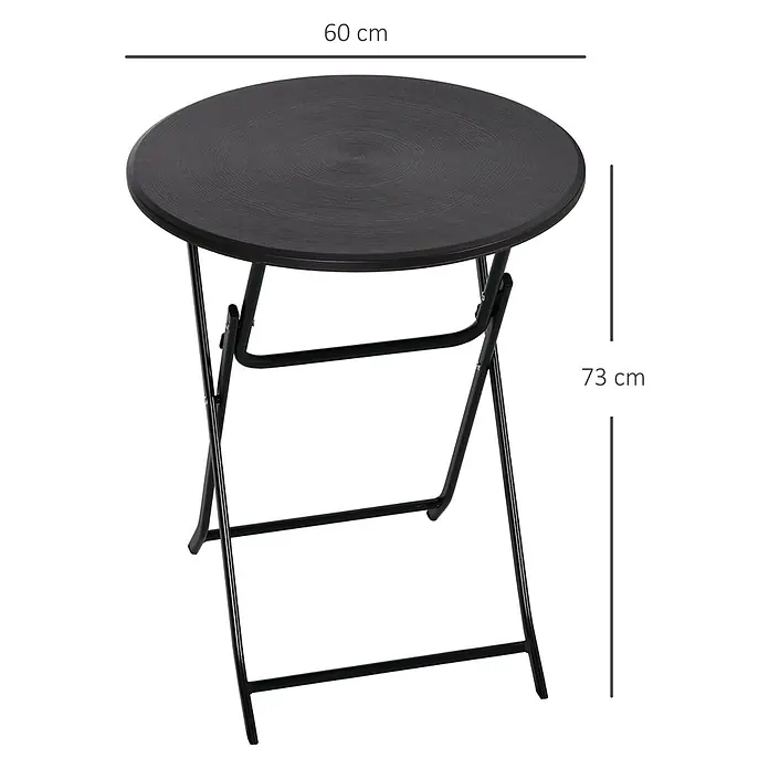 Outsunny Balkontisch rund mit Holzoptik - Stahl, HDPE-Kunststoff, Klappbar, Dunkelgrau - Schwarz runder Klapptisch mit Metallgestell, 60 cm Durchmesser, 73 cm Höhe.
