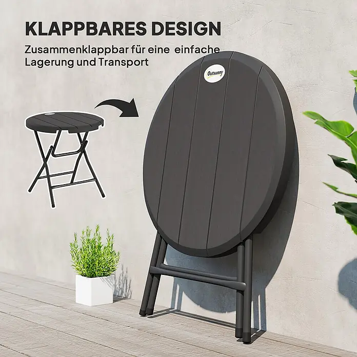 Outsunny Balkontisch rund - Stahl, HDPE-Kunststoff, Klappbar, Dunkelgrau - Dunkelgrauer runder Klapptisch, sowohl aufgestellt als auch zusammengeklappt für einfache Lagerung und Transport.